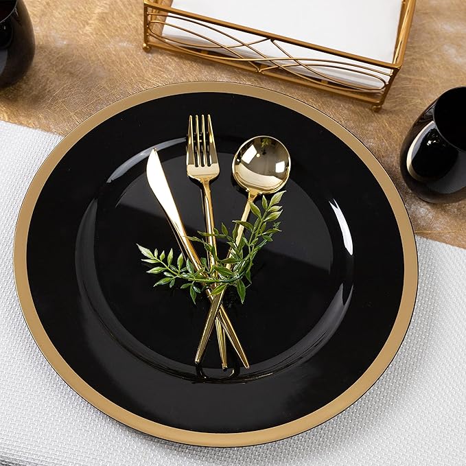 PARTY BARGAINS 13-Inch Charger Plates - 48 Pack, Black Gold Rim, Heavy-Duty Disposable Chargers for Elegant Dining - Ideal for Weddings and Formal Events