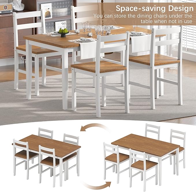 5 Piece Dining Table Set, Solid Wood Dining Table Set for 4, Farmhouse Table and 4 Chairs Set, 43.3'' Rectangular Kitchen Table Set for 4, Walnut & White