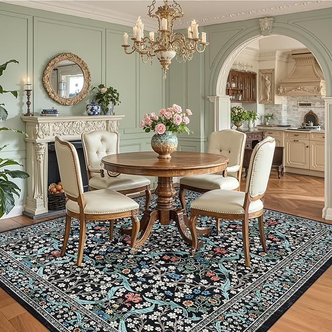 GarveeHome 8x10 Area Rugs, Washable Rugs for Living Room Non Slip Stain Resistant Ultra Soft Floral Rug, Boho Carpet Floor Mat for Bedroom Dining Room Nursery Playroom Office, Black