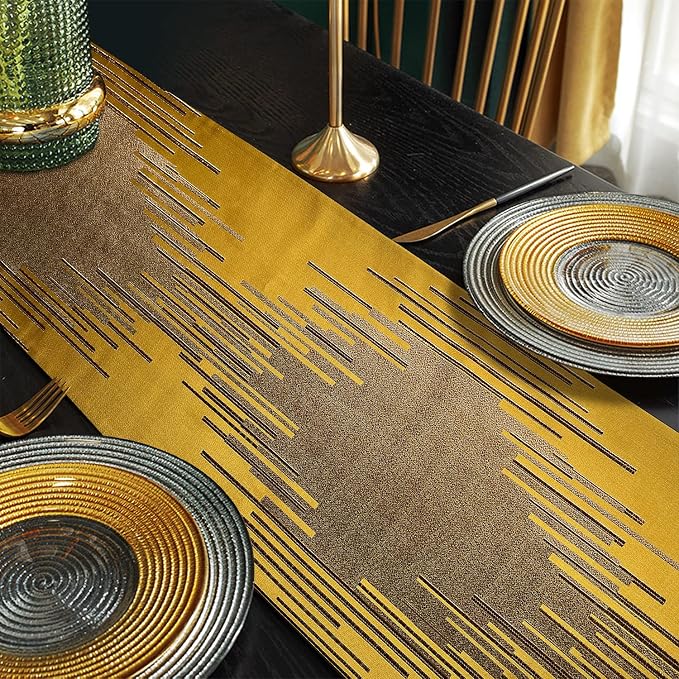 Luxury Elegant Gold Table Runner 120 Inches Long, Modern Geometry, Tassels | - Image 5