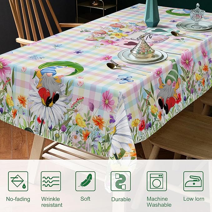 Spring Tablecloth, Rectangle 60 x 104 with Gnome Flowers, Oblong Tablecloth Buffalo Check Plaid Kitchen Table Cover for Dining Room Indoor Decor