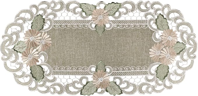 LINENS ART AND THINGS Embroidered Table Runner Gold Daisy Fleur Latte Dresser - Image 3