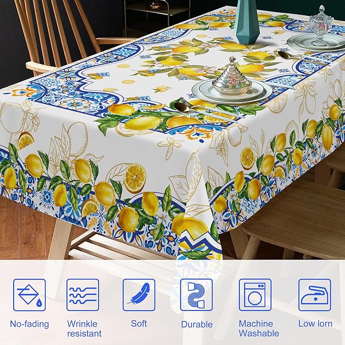 Lemon Tablecloth 60 Inch Round, Yellow and Blue Mediterranean Summer Decor Tile Flower Pattern Table Cloth Italian Themed Decor for Party Table Cover for Dining Room