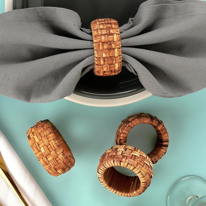 Handwoven Napkin Ring Set of 12 - Cane Napkin Rings, Elegant Fall Napkin Rings for Table Decoration, Special Occasions, Easter Table Decor & Gift Giving Ideas (Brown) - CLEENTABLE