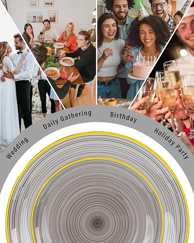 Morejoy 100Pcs Black Plastic Plates,Black Disposable Plates With Gold Rim,Heavy-duty Gold Plate, Modern swirl design Plate Include 50Clear Dessert-plates,50Dinner-plates for Party,New Year
