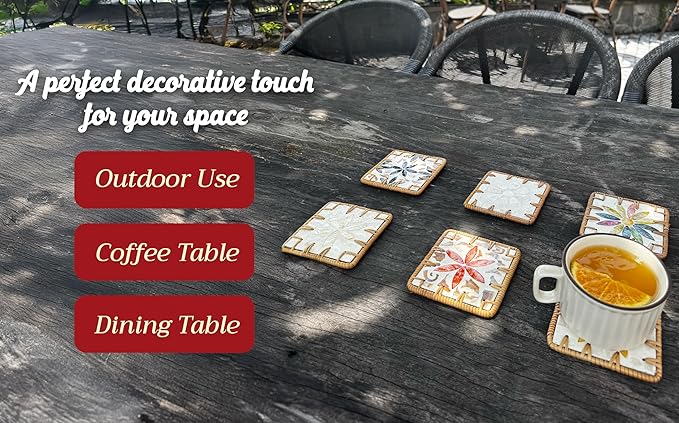 Handmade Rattan Coaster Set of 6, Cute Square Coasters with Mother of Pearl,Colorful Boho Coaster for Decorative, Coffee Table - Bar & Outdoor Drink Coasters, Unique Housewarming - Occasions Gift