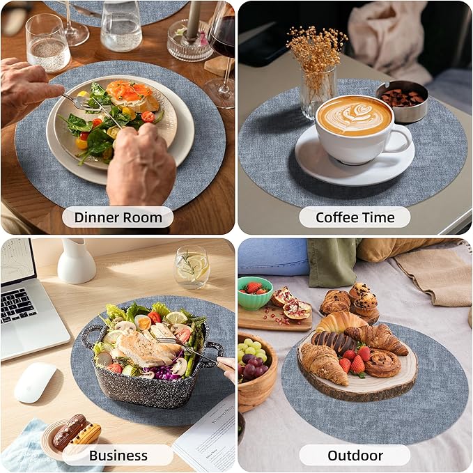 15 inch Faux Leather Round Placemats Set of 4 Non-Slip Washable Wipeable Table Mats, Heat Resistant Waterproof Oilproof Place Mats for Kitchen, Dining, Party, Indoor, Outdoor Blue