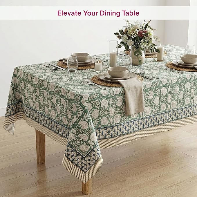 ATOSII Jade 100% Cotton Rectangle Boho Fall Tablecloth, Handblock Floral Table Cloth Linen for Kitchen Dining I Parties Wedding Outdoors Thanksgiving Easter Picnics I 72 X 120 Inches I 10 Seater