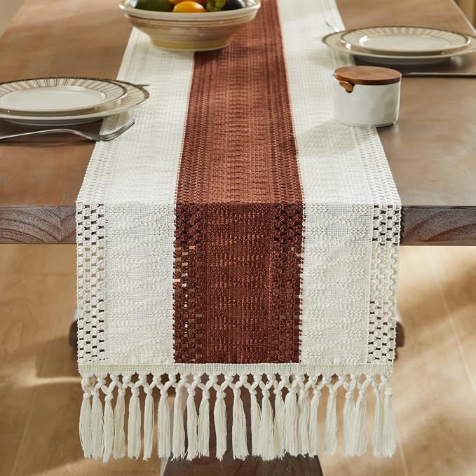 Macrame Style Bicolor Stitching Table Runner 14x48in Terracota | Woven Boho - Image 3