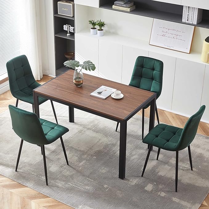 Modern Dining Room Set for 4, 5 Pieces Dining Table Set, Solid Walnut Table Imitation Wood with Sturdy Metal Frame&Legs, Comfy Velvet Dining Chair Armless for Space Saving, Stylish Dinette Set