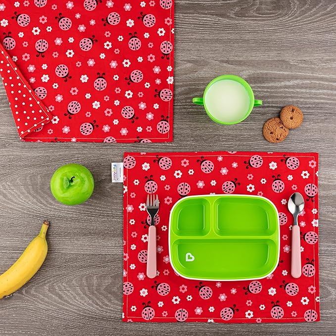 Funkins Reusable Cloth Placemats for Kids & Lunch Boxes | Reusable, Eco-Friendly | 15"x13", 2-ply, Thick, Absorbent, Machine Washable | Set of 2 Placemats (Ladybugs)