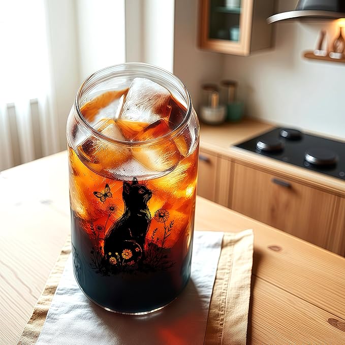 Cute Black Cat Glass Cup With Lids And Straws, Black Cat Gift For Women, Iced, Coffee, Smoothie, Cocktail, Beer, Whiskey, Soda, Matcha,16 Oz, Home Office Table Desk Decoration!