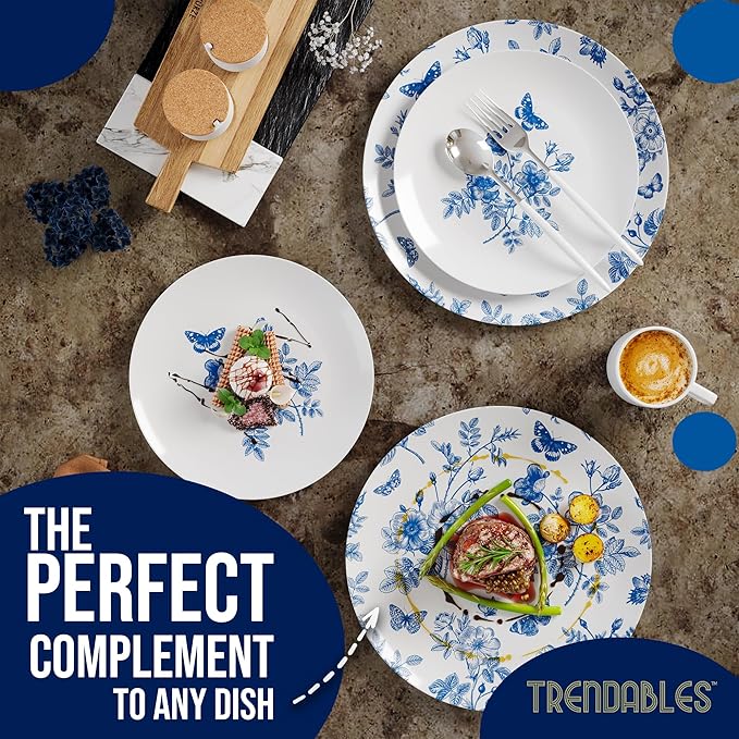 Trendables Disposable Plates For Party Supplies | Blue Floral Plastic Plates For Wedding 200 Pcs - 100 X 8 & 100 X 10 Dinner Plate Sets | Floral Plate Set Disposable Plastic Dinnerware Sets