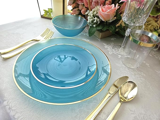 " OCCASIONS " 50 Plates Pack (25 Guests)-Wedding Party Disposable Plastic Plate Set -25 x 10'' Dinner + 25 x 7'' Salad & Dessert plates (Belize in Aqua & Gold)