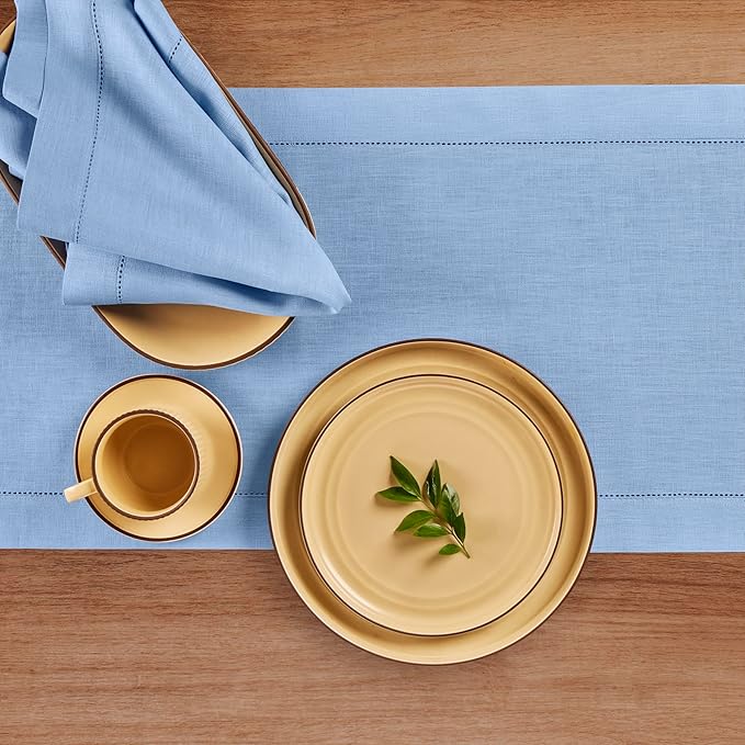 Solino Home Linen Cornflower Blue Hemstitch Table Runner 36 Inches - 100% Pure Linen Table Runner 14 x 36 Inch Ideal for Dresser and Coffee Tables - Classic Hemstitch - Spring, Easter