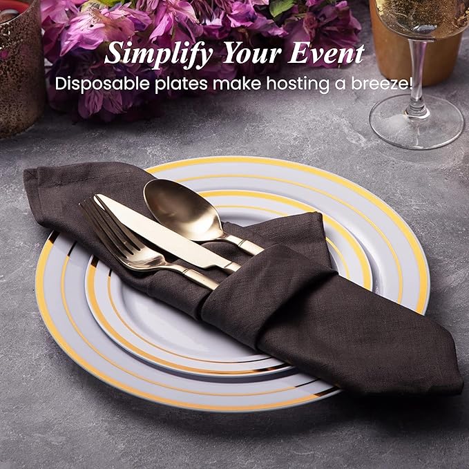 Aya's 60 Pack Heavy Duty Plastic Plates with Gold Rim - 30 Each of 10" Dinner and 7.5" Appetizer White Disposable Plates - Elegant Fancy Plastic Plates for Party, Weddings, and Special Events