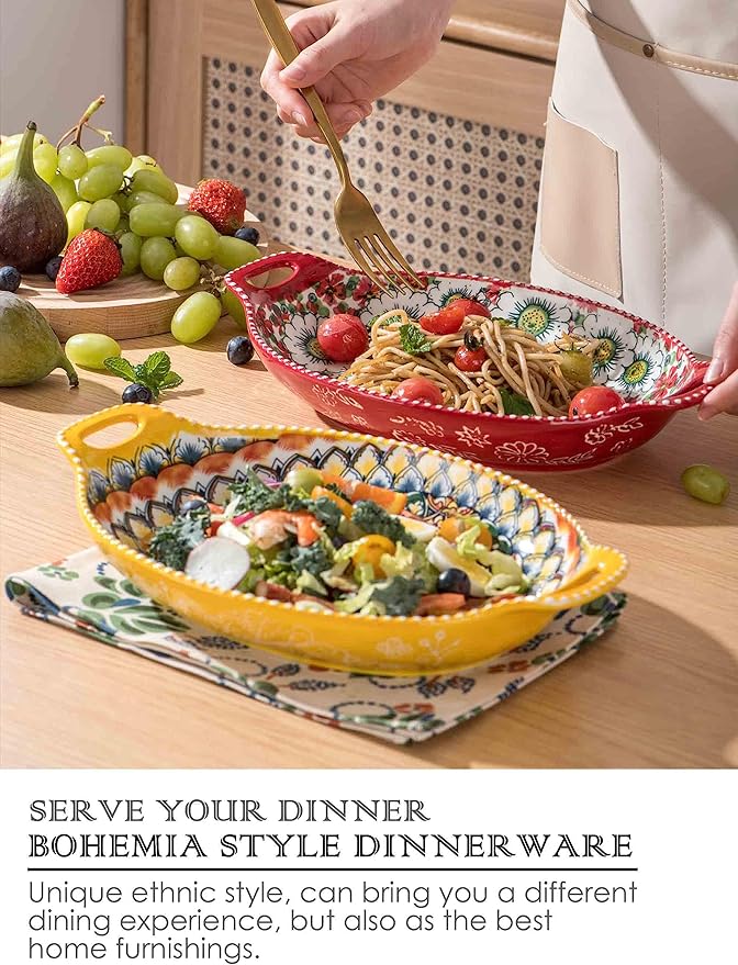 Henten Home Pasta Bowls with Handle, 32 oz Porcelain Salad Bowls Set of 4, Ceramic Colorful Serving Dishes for Dinner, Vegtable, Fruit, Microwave & Dishwasher Safe