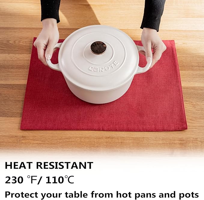 Demetex Valentines Placemats Set of 4 Heat Resistant Red Linen Place Mats Wipeable Cloth Placemats for Party Wedding Holiday Dinner, 13 x 19 inches, Wine Red