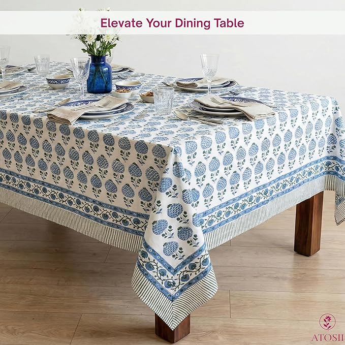 ATOSII Roma Blue 100% Cotton Boho Rectangle Fall Tablecloth, Handblock Floral Print Table Cloth Linen for Kitchen Dining I Parties Outdoors Weddings Holidays I Decor 72 X 108 Inches I 8 Seater