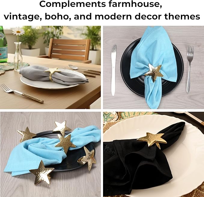 CLEENTABLE 12 Pcs Decorative Metal Napkin Rings Star Napkin Holders for Elegant Table Decor, Parties, Weddings, Holidays, Everyday Dining - Metallic Adornment for Table Settings (Gold)