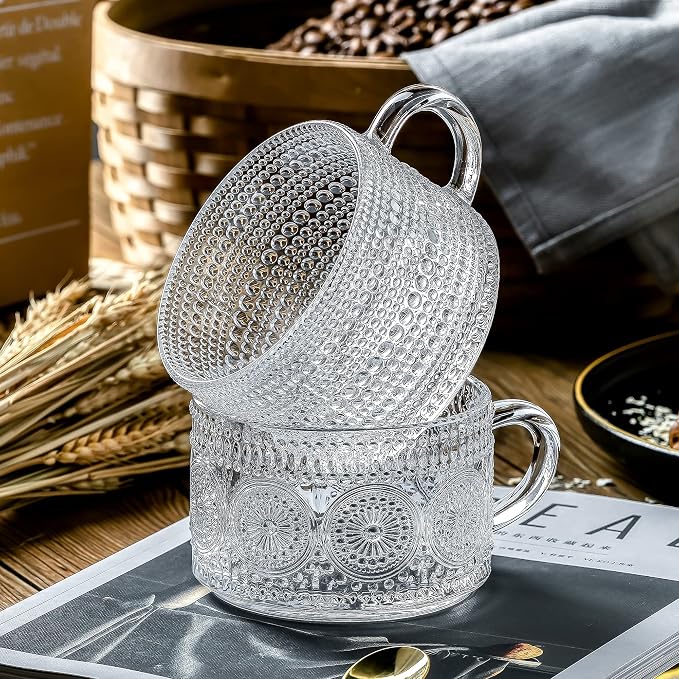 Gezzeny Vintage Glass Coffee Mugs 14 Oz Set of 2 Clear Embossed Tea Cups - Image 4