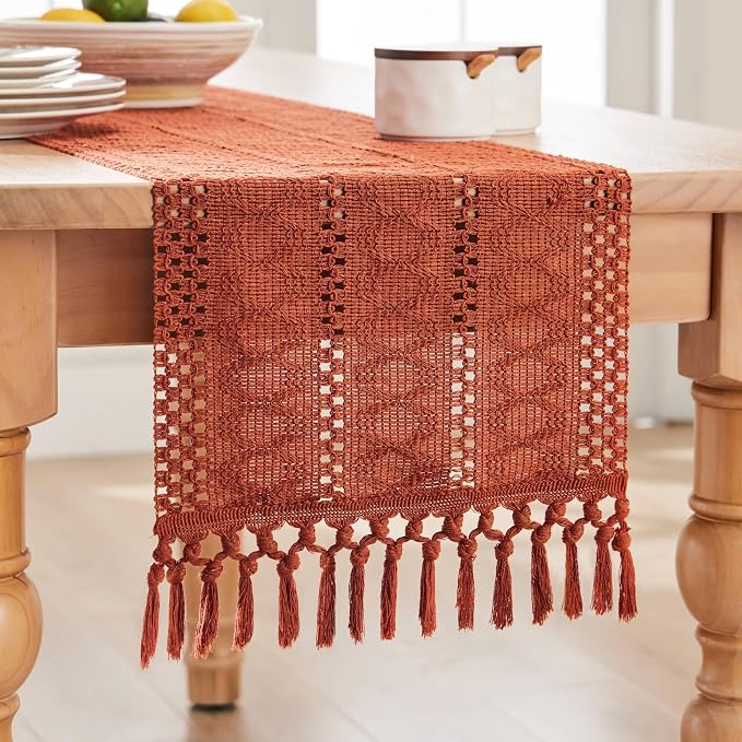 Macrame Style Boho Table Runner, 12x48 Inch Rust | Woven Boho Table Runner - Image 7