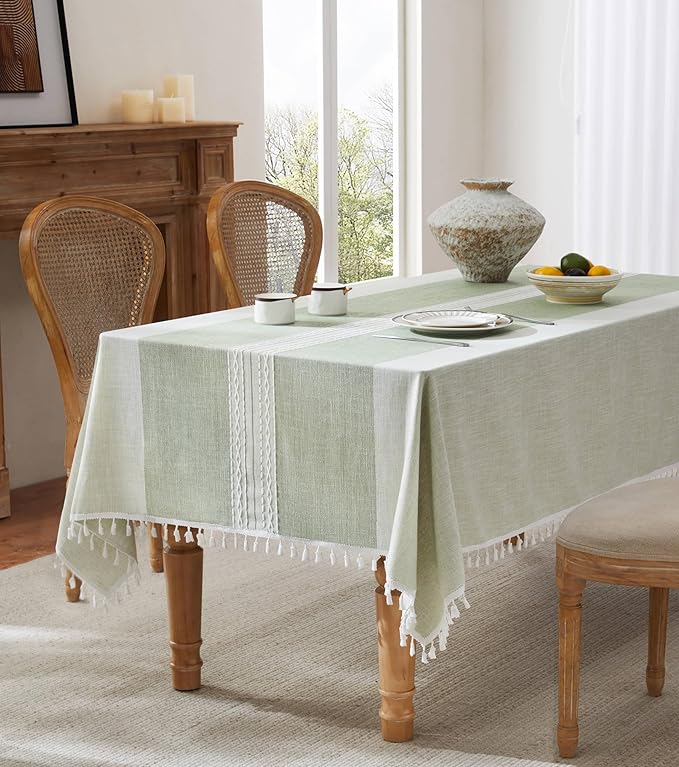 ZeeMart Contrast Linen Table Cloth Rectangle Table Cloths 60x104 Inch Mid-Stripe Green, Farmhouse Style Heavy Weight Sage Green Tablecloth, Water Resistant Burlap Tablecloths