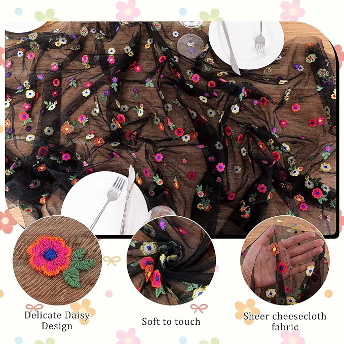 BINBE 3pcs Black Daisy Spring Table Runner Embroidery Gauze 10FT Florals - Image 6