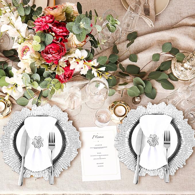 Dandat 24 Pcs Charger Plate Bulk 13'' Floral Reef Plates with Napkin Ring Plastic Dinner Charger Hollow Out Flower Napkin Holder Plastic Plate for Table Setting Wedding Party (Silver)