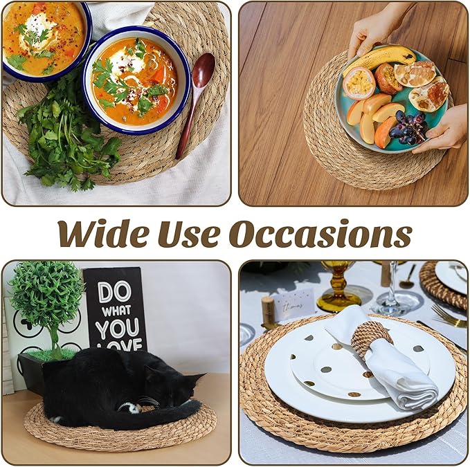 Kochorie Set of 24 Round Woven Placemats 12 Inches Bulrush Placemats Natural Hand-Woven Boho Rattan Placemats Wicker Table Mats Farmhouse Weave Place Mats for Home Dining Table