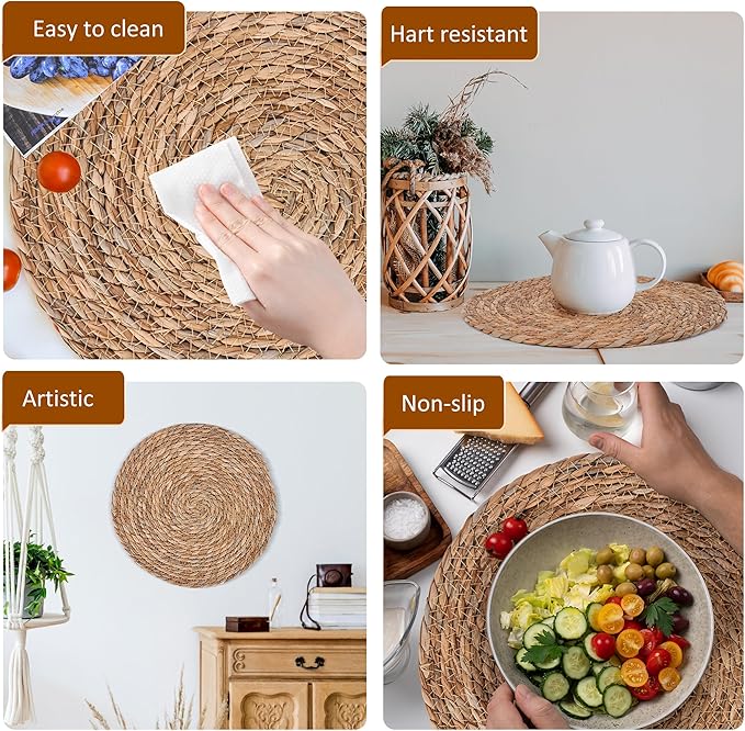 GENMOUS Woven Placemats Set of 10,12" Round Placemats Natural Water Hyacinth Boho Placemats,Farmhouse Rattan Chargers for Dinner Plates,Rustic Braided Wicker Table Mats for Dining Table,Home,Wedding