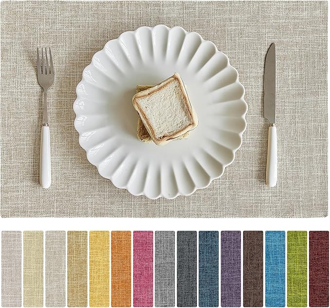 Softalker Faux Linen Placemats Set of 6-12 x 18 Inch, Heat Resistant Double Layered Durable Burlap Farmhouse Place Mats, Non-Slip Washable Rustic Table Mats for Dining, Kitchen, Party（Beige