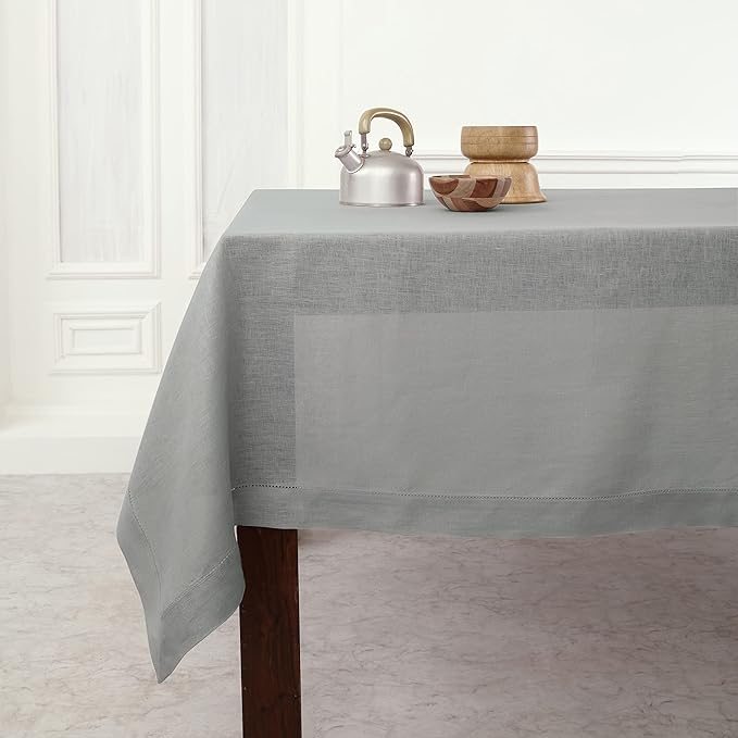 Solino Home Linen Tablecloth 60 x 108 Inch - Classic Hemstitch 100% Pure Linen Soft Grey Table Cloth for Rectangle Tables - Machine Washable Tablecloth for Winter, Spring, Easter