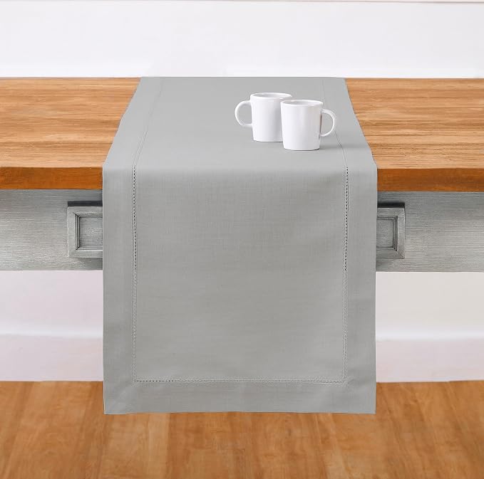Solino Home Cotton Linen Table Runner Light Grey Hemstitch, 14 x 120 in | by SolinoHome