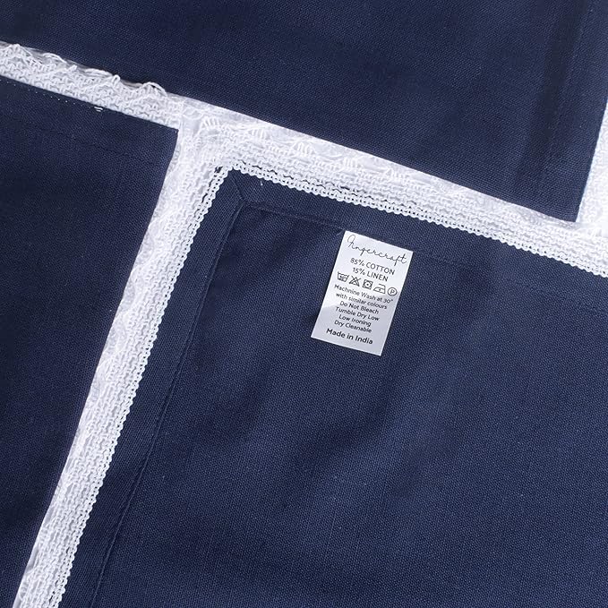 FINGERCRAFT Dinner Cloth Napkin Cotton Linen Blend 4 Pack Mitered Corners with Elegant Lace for Everyday Use Napkins are Pre Shrunk and Good Absorbency Navy