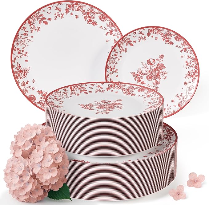 Trendables Disposable Plates For Party Supplies | Pink Floral Plastic Plates For Wedding 200 Pcs - 100 X 8 & 100 X 10 Dinner Plate Sets | Floral Plate Set Disposable Plastic Dinnerware Sets