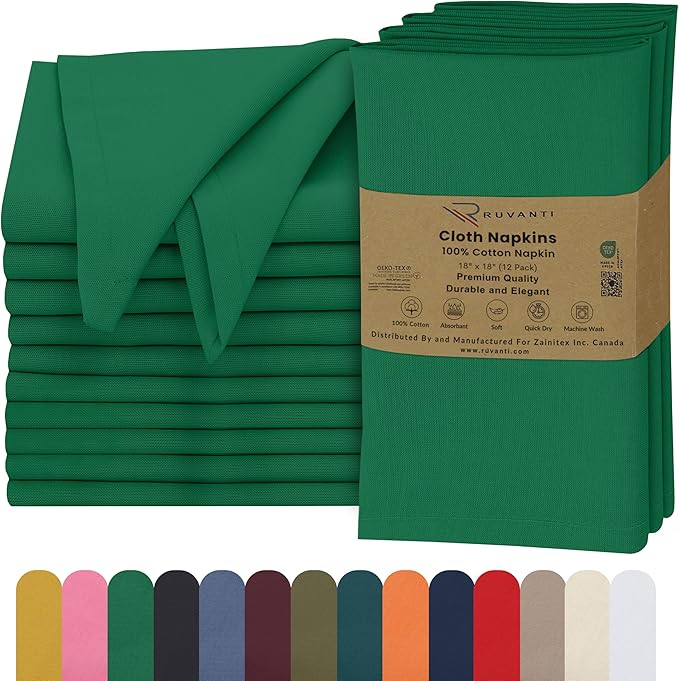 Ruvanti Cloth Napkins Set of 12, 18x18 Inches, 100% Cotton, Washable, Soft & Absorbent, Perfect for Wedding, Christmas, ‎Thanksgiving Dinners - Amazon