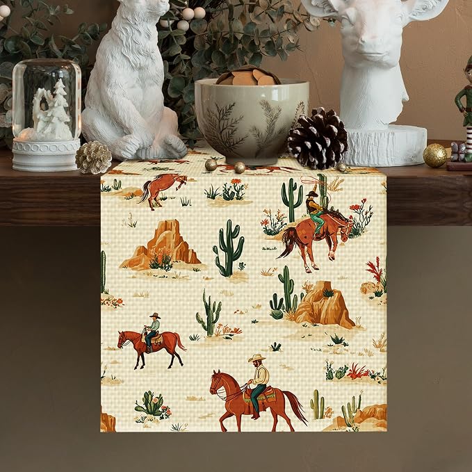 Western Boy Horse Burlap Table Runner Seasonal Spring Fall Kitchen Dining Linen - Image 2