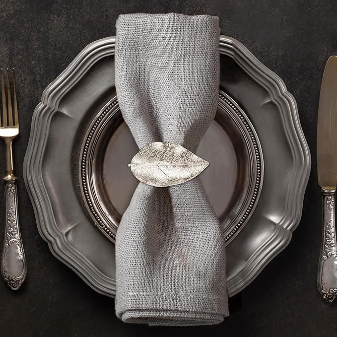 Decozen Set of 8 Silver Napkin Rings in Leaf Design, Festive, Table Decor Setting for Holiday, Wedding, Birthday, Kitchen, Home Decor, Housewarming Gift - Mothers Day Decorations