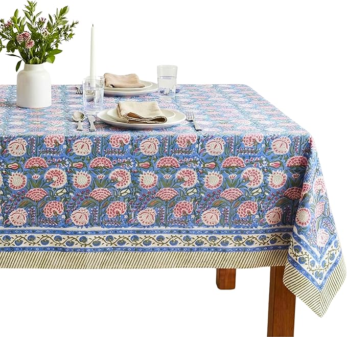 ATOSII Clover Pink 100% Cotton Square Boho Fall Tablecloth, Handblock Floral Table Cloth Linen for Kitchen Dining I Parties Wedding Outdoors Picnic Easter I Home Decor 60 X 60 Inches I 4 Seater