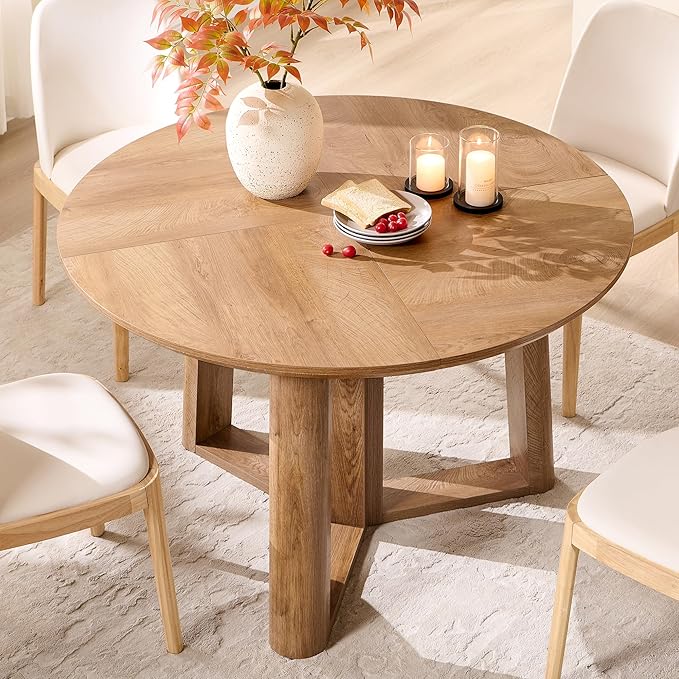 OKD 47" Dining Table for 4-6, Round Dining Room Table with Triangular Structure Pedestal Stable Base, Curved Table Edge, Circle Kitchen Tables for Dining Room, Kitchen, Light Tree Knot