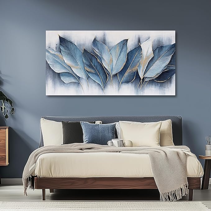 Framed Art Wall Decorations Blue Leaves Canvas Wall Art Abstract Art Modern Artwork For Living Room Bedroom Dining Room Home Office Decor 24"X48"