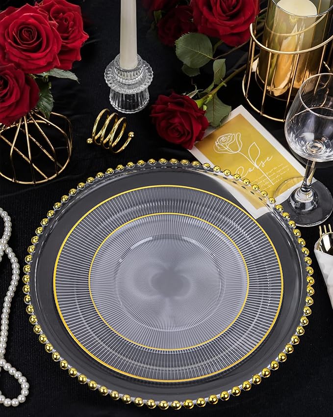 Hioasis 60pcs Clear Gold Plastic Plates - Gold Disposable Dinnerware Set, 30pcs Dinner 10.25in & 30pcs dessert 7.5in plates with striped designs for party & wedding