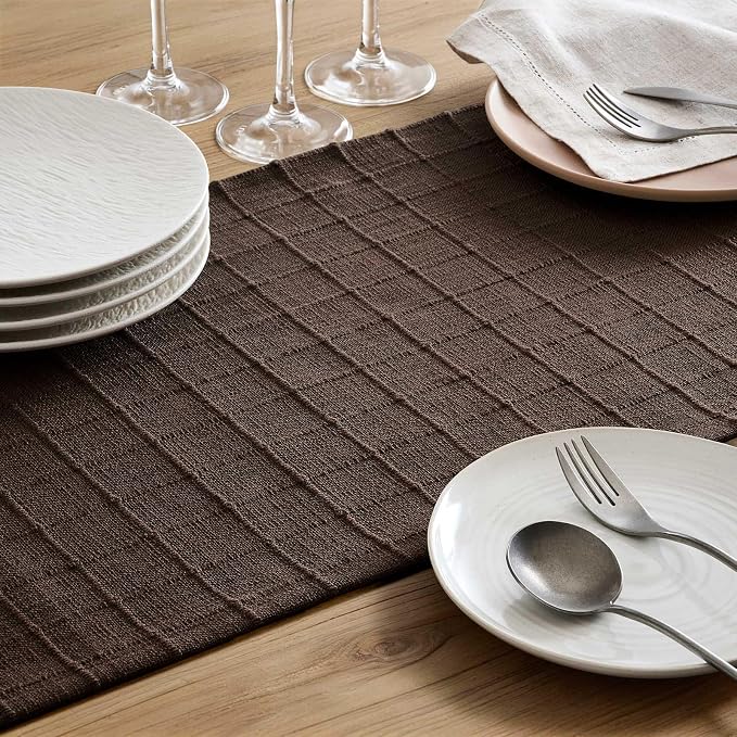 Artisanal Grid Linen Table Runner, 13x72 Inches Chocolate | Heavy Textured - Image 6