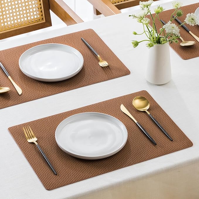 Jovono Faux Leather Placemats Set of 6, Waterproof Washable Table Mats, Easy-Clean Heat Resistant Kitchen Vinyl Place Mat for Dining Table, Restaurant, Indoor, 17.8"x11.8", Brown