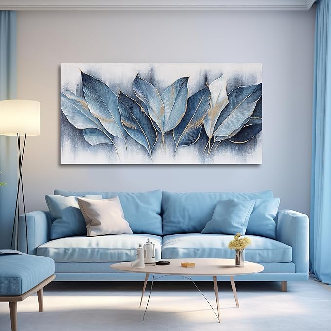 Framed Art Wall Decorations Blue Leaves Canvas Wall Art Abstract Art Modern Artwork For Living Room Bedroom Dining Room Home Office Decor 29"X58"