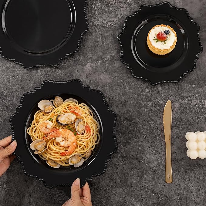 COLOSUS 100pcs Black Plastic Party Dinner Plates - 9.5 Inch- Heavy Duty Disposable Plastic Dinner Plates for Party Wedding and Everyday Use