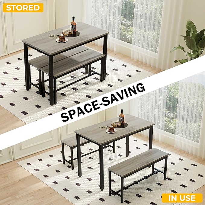 Sturdy Durable Dining Table Set for 4 with Bench, Easy to Assemble Kitchen Table with Bench, Space-Saving Ideal 4-Person Set for Daily Meals, brunches, or workspace,Grey