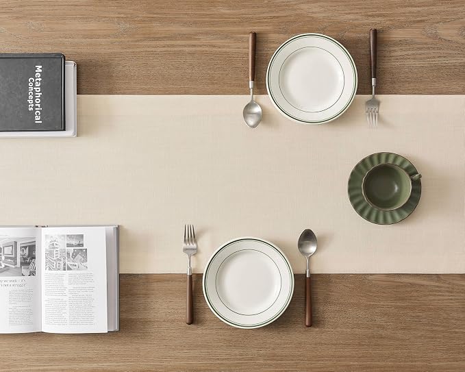 Linen Textured Border Table Runner, 14 x 48 Inch Cream | Mitered Corner Design - Image 4