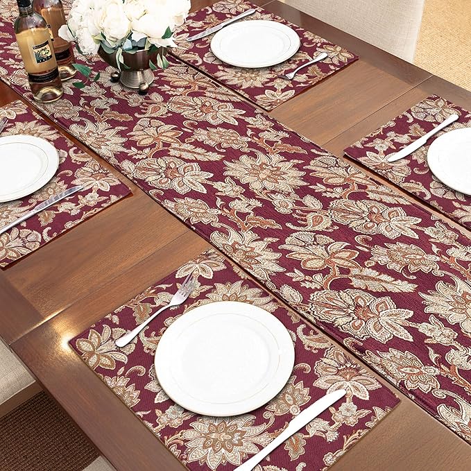 Loom and Mill Vintage Jacquard Damask Table Runner 13x90 inch, Burgundy | - Image 4